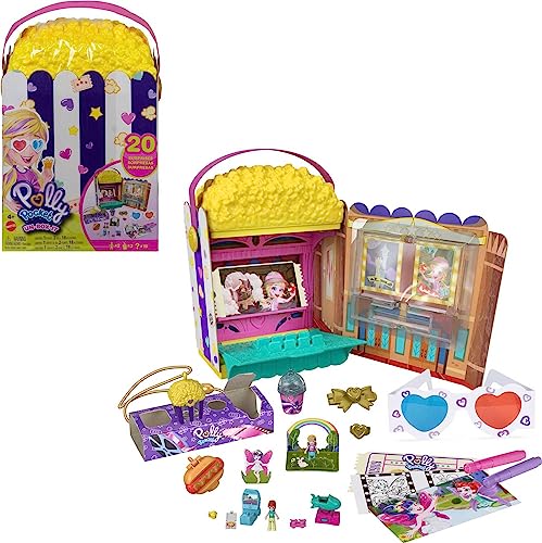 Polly Pocket GVC96 - Popcorn-Box Spielset, Popcorntüten-förmige Box, die zum Kino-Abenteuer Wird, kleine Polly & Lila Puppen, 15 Überraschungen, Spielzeug Geschenk für Kinder ab 4 Jahren von Polly Pocket