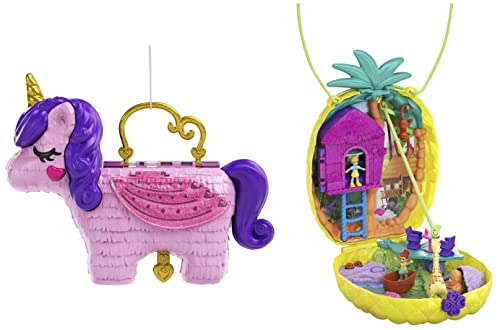 Polly Pocket GVL88 Einhorn-Party Spielset, Polly und Lila Puppe und über 25 Überraschungen & GKJ64 - Ananas Tasche, tragbare Schatulle mit Zubehörteilen, Spielzeug ab 4 Jahren von Polly Pocket