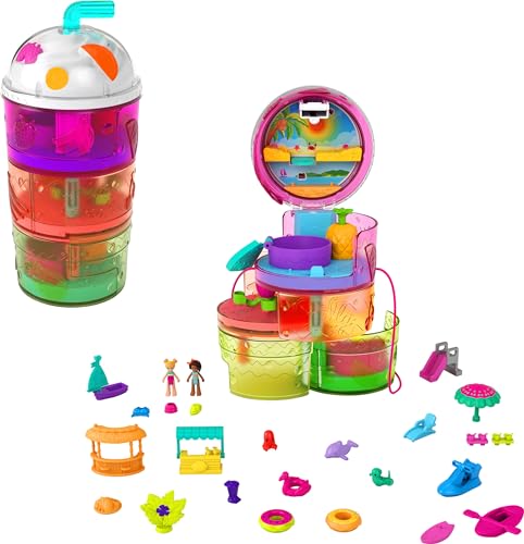 Polly Pocket GYW08 - Ausklappspaß-Schatulle Fruchtsmoothie, Spielset in Form eines tropischen Fruchtsmoothies, Wasserpark-Thema, drei Etagen, ab 4 Jahren von Polly Pocket