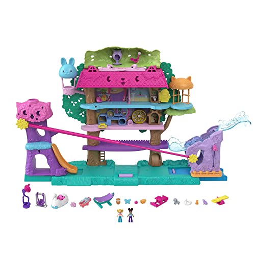 Polly Pocket HJJ98 - Pollyville Tierparty Baumhaus, 5 Stockwerke, über 15+ Spielteile: 2 Puppen, Fahrzeug, 4 Tiere und mehr, Spielzeug Geschenk für Kinder ab 4 Jahren von Polly Pocket