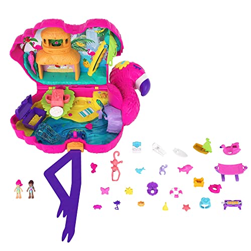 Polly Pocket HJN76 - Flamingo-Party, großes Spielset mit 26 Überraschungen, Pop + Swap-Funktion, Tropische Party-Spielbereiche: Palmenrutsche, Schaukel, Wasserbereich UVM, für Kinder ab 4 Jahren von Polly Pocket