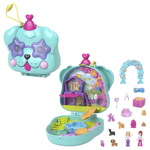 Polly Pocket Hunde-Party Schatulle - Spielset mit 2 Puppen, 5 beweglichen Spielelementen, 14 Accessoires, Hundehütte, Rutsche, Geburtstagskuchen, für Kinder ab 4 Jahren, HKV30 von Polly Pocket