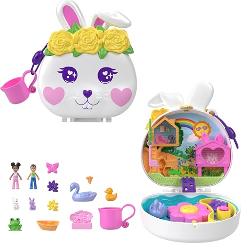 Polly Pocket Blumen-Häschen Schatulle - Spielset mit Wasserspaß und Farbwechseleffekt, 2 Puppen, 12 Zubehörteilen und 5 Funktionen, für Kinder ab 4 Jahren, HKV36 von Polly Pocket