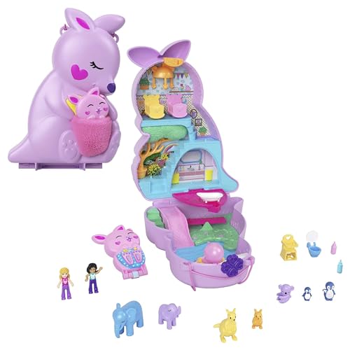 Polly Pocket Mama und Joey Känguru Tasche - 2-in-1-Spielset mit Tierkinderzimmer, 2 Puppen, 7 Tieren und Zubehör, inklusive weichem Beutel und Schatulle, perfekt für unterwegs, ab 4 Jahren, HKV50 von Polly Pocket