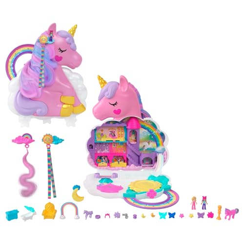 Polly Pocket HMX18 - Mini-Spielzeug, Regenbogen-Einhorn-Salon-Styling-Kopf und Schatullen-Spielset mit 2 kleinen Puppen, 25 Zubehörteilen und beweglichen Spielelementen, Puppen Spielzeug ab 4 Jahren von Polly Pocket