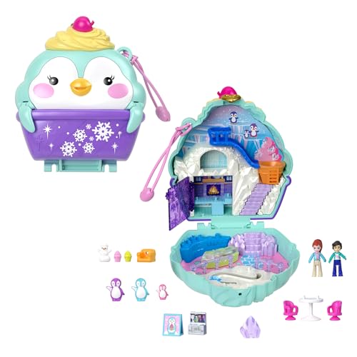 Polly Pocket Winterliche Pinguin Schatulle - Spielset mit 2 Puppen, 12 Accessoires und 6 Elementen im Winter-Wunderland, Schneemann und Iglu-Rutsche, für Kinder ab 4 Jahren, HRD34 von Polly Pocket