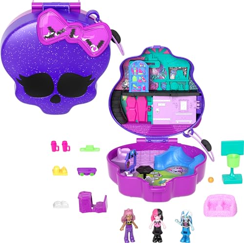 Polly Pocket Monster High Spielset mit 3 kleinen Puppen und 10 Zubehörteilen, Schulwelt im Inneren, tragbares Reisespielzeug mit Aufbewahrungsmöglichkeit, HVV58 von Polly Pocket