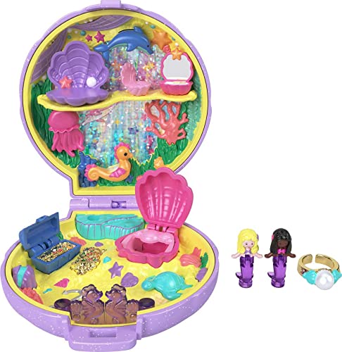 Polly Pocket Keepsake Collection Mermaid Dreams Sammlerstück, kompakt, Untersee-Thema, spezielle Box, 2 Meerjungfrauen-Puppen, tragbarer Ring und mehr, Sammlerstück, ab 4 Jahren, Gold, (HGY36) von Polly Pocket