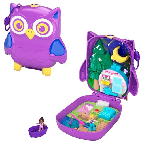 Polly Pocket GKJ47 - Nachteulen-Campingplatz Schatulle mit lustigen Überraschungen, den kleinen Puppen Polly und Shani, Boot und Stickerbogen; Spielzeug für Kinder ab 4 Jahren von Polly Pocket