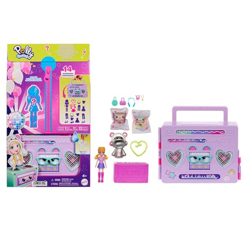 Polly Pocket-Puppe und Spielset, Diskoparty Fashion Reveal, Reisespielzeug zum Auspacken mit ca. 7 cm großer Hoodie Buddy-Puppe, 16 Zubehörteilen und lustigen Wasserüberraschungen, HRD65 von Polly Pocket