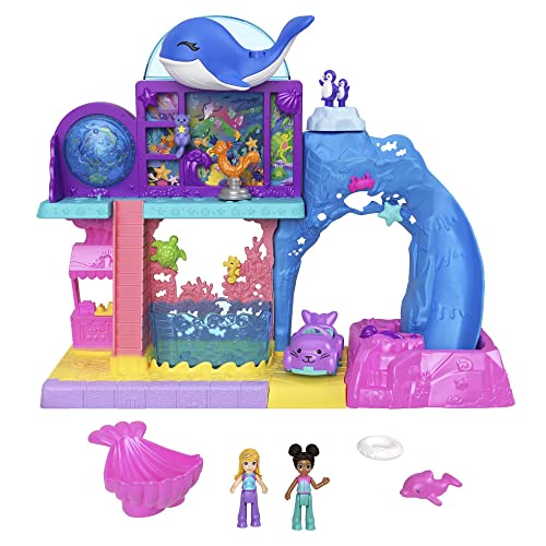 Polly Pocket Pollyville Aquarium mit Shani, Spielset mit 2 Puppen, Spielzeugauto und 11 Zubehörteilen, darunter 8 Meerestiere, Spielzeug mit Wasserspiel, HKW15 von Polly Pocket