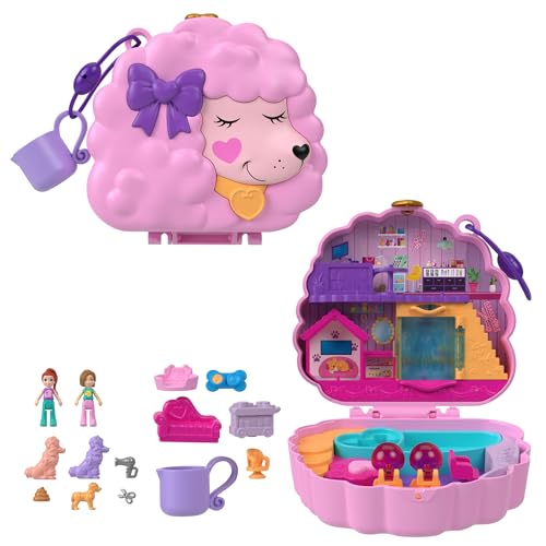 Polly Pocket Pudel Schatulle - Spielset mit Wasserspaß und 2 Teilen mit Farbwechseleffekt, 12 Zubehörteilen und 5 Funktionen, für Kinder ab 4 Jahren, HKV35 von Polly Pocket