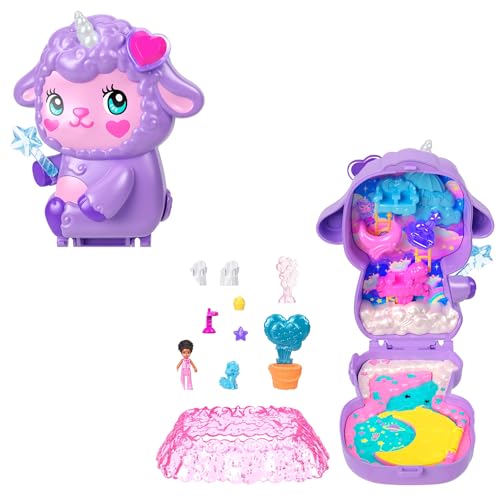 Polly Pocket Puppen und Spielset, Traumland-Schatulle in Lammform, Reisespielzeug mit 1 Minipuppe, Haustier-Einhorn, Futter- und Stylingzubehör, JCB15 von Polly Pocket