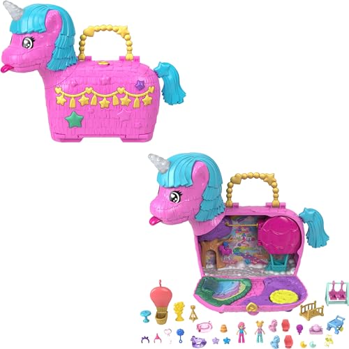 Polly Pocket Puppen & Spielset mit Haustieren & 25+ Überraschungszubehör, Geburtstagsfeier Einhorn Partyland Spielset, Heißluftballonfahrt von Polly Pocket