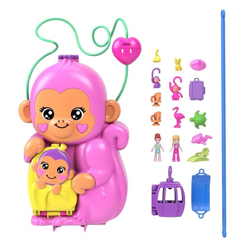 Polly Pocket Puppen & Spielset mit Tieren und 13 Accessoires, 2-in-1 Affenmama und Baby, tragbare Tasche und Tierspielzeug, HWP04 von Polly Pocket