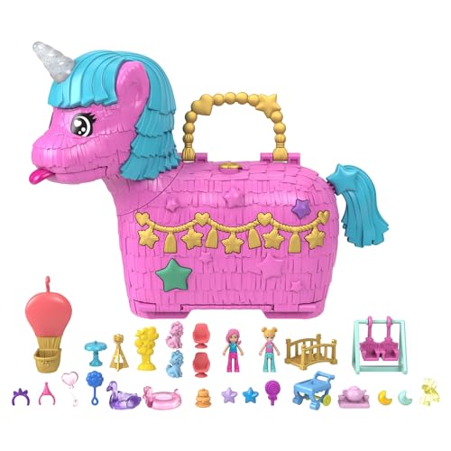 Polly Pocket Puppen und Spielset mit Tieren und über 25 Überraschungs-Accessoires, Unicorn Partyland-Spielset für Geburtstage, Heißluftballonfahrt, HYD96 von Polly Pocket