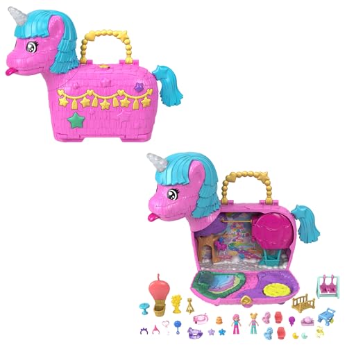 Polly Pocket Puppen und Spielset mit Tieren und über 25 Überraschungs-Accessoires, Unicorn Partyland-Spielset für Geburtstage, Heißluftballonfahrt, HYD96 von Polly Pocket