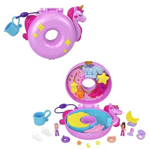 Polly Pocket-Puppen und -Spielsets, 12 Zubehörteile, Einhornfloß-Schatulle mit Wasserspaß und 2 Teilen mit Farbwechseleffekt, HKV34 von Polly Pocket