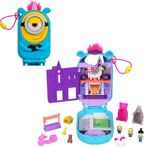 Polly Pocket Spielset, 1 Puppe, 2 Minions und Fluffy das Einhorn Spielzeug, Minions kompakt mit 9 Zubehörteilen von Polly Pocket