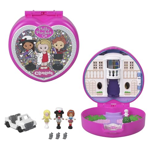 Polly Pocket x Clueless Sammler-Schatulle, Minipuppen und Spielset, 5 thematische Zubehörteile, Spielzeugauto, Cher, Dionne und Tai, JCC21 von Polly Pocket