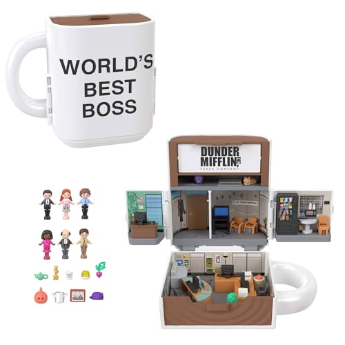 Polly Pocket x The Office-Schatulle, Spielset, 6 Charakterpuppen und 9 Zubehörteile, sammelbares Partnership-Spielzeug, Kaffeetassen-Design, JCC19 von Polly Pocket