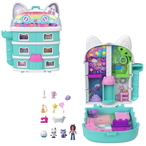 Schatulle von Polly Pocket x Gabby’s Dollhouse, Minipuppen und Spielset, 9 passende Zubehörteile, Tierfreunde Pandy Paws, Cakey, und Mercat, JFV02 von Polly Pocket