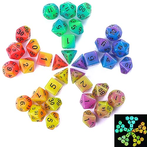 Poludie 5 Sets Leuchtend Wrfel, 35Pcs Glow in the Dark D&D Dice, Kunststoff, Mehrfarbig (Glow in the Dark), 16mm, fr Dungeons and Dragons, RPG, MTG, Tabletop Game Accessory von Poludie