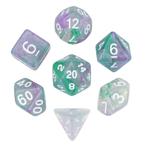 Poludie Polyedrisches Würfelset mit 7 Würfeltaschen aus Leder, D&D-Würfelset für Dungeons and Dragons, RPG, MTG-Tischspiele (Transparentes Grün-Mix-Lila) von Poludie