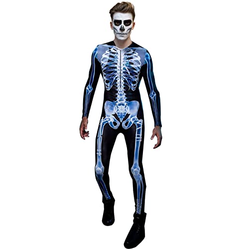 Pomrone Halloween Kostü Herren Damen Skelett Overall Jumpsuit Knochen Skeleton Anzug Karneval Fasching Halloween Jumpsuit Kostü 3D Print Langarm Skinny Skeleton Catsuit Cosplay Overall Body von Pomrone