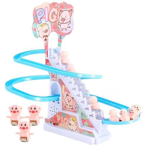 Elektrische Schwein Treppensteigen Spielzeug, Kinder Rennstrecke Spielzeug mit Rutsche und 6 Schwein Spielzeug, Achterbahn Spielset, Lernspielzeug Geschenk für Kinder Jungen Mädchen 3–8 Jahren von Pomurom