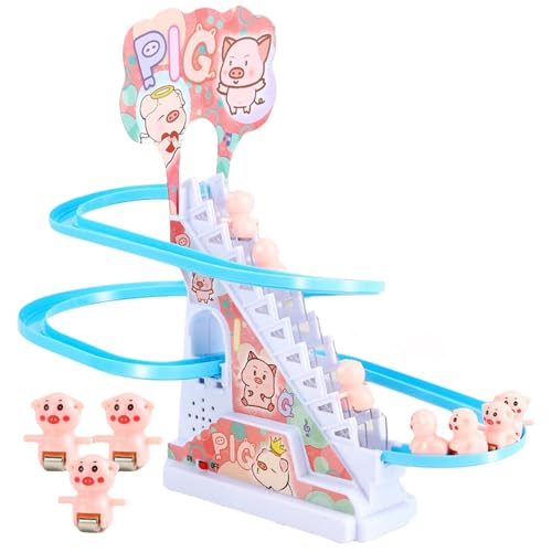 Elektrische Schweinchen Treppensteigen Spielzeug, Klettertreppe Spielzeug mit Rutsche, Schweinchen Achterbahn, Schwein Rutsche Spielset Geschenk für Kleinkinder Kinder Junge Mädchen von Pomurom