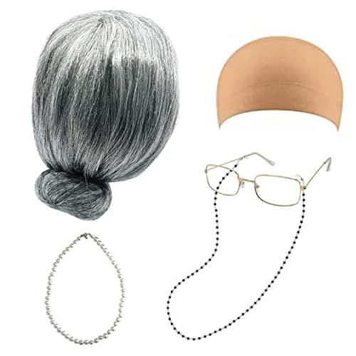 Pomurom Alte Dame Kostüm für Mädchen | 100 Days of School Alte Dame Perücke Kostüm Set,Brille mit Kette, Perückenkappe, Halsketten-Set für Kinder Mädchen (5er-Set) von Pomurom