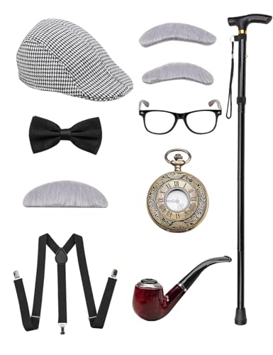 Pomzio 20er Jahre Kostüm Herren Accessoires Set - Mafia Gatsby Alter Mann - Mit Hut, Verstellbare Hosenträger, Taschenuhr, Fliege, Bärte, Brille, Krücken von Pomzio