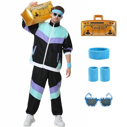 Pomzio 80 Jahre Outfit Herren 90er Trainingsanzug Kostüm 80er Jahre Sport Outfit Herren Fasching Jogginganzug Retro Anzug Herren 80er Newkids Kostüm Karneval Party Kostüme Männer von Pomzio