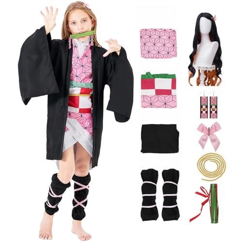 Pomzio Nezuko Cosplay Kostüm - Mädchen Kleid Mit Perücke für Halloween Karneval - 9 Stück Frauen Kostüme Kleidung von Pomzio