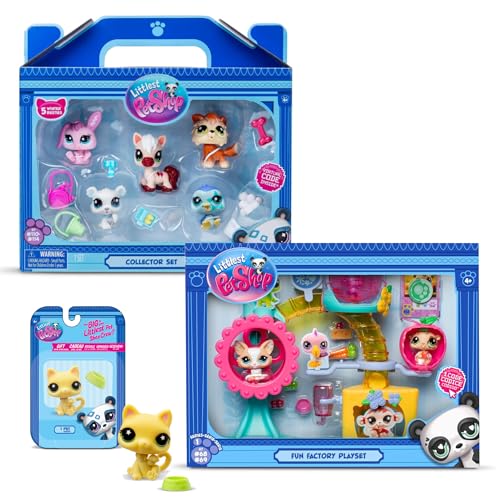 Bandai Littlest Pet Shop Exklusives Set mit 2 Boxen: Berg Winter & Fun Factory (7 Figuren und 13 Zubehör) + 1 zusätzliche Figur (kleine gelbe Katze), offizielles Lizenzprodukt, Minifigur von Ponera