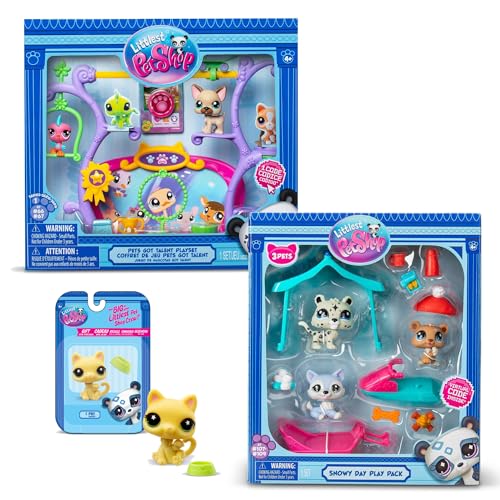 Bandai Littlest Pet Shop Exklusives Set mit 2 Boxen: Schneetag & Pets Got Talent (5 Figuren und 14 Zubehör) + 1 zusätzliche Figur (kleine gelbe Katze) – offizielles Lizenzprodukt von Ponera