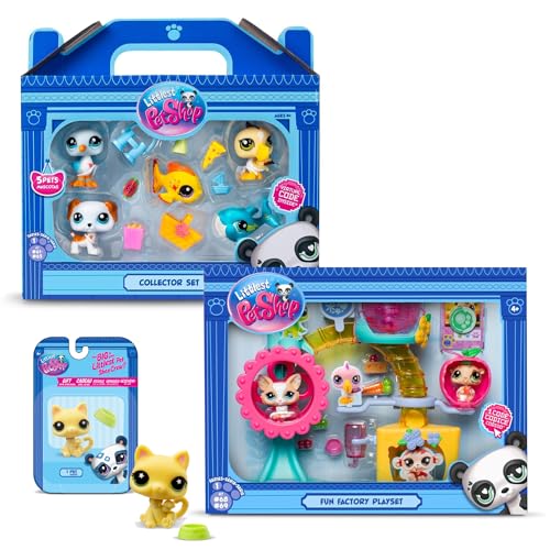 Bandai – Littlest Pet Shop – Exklusives Set mit 2 Boxen: Strand & Fun Factory (7 Figuren und 13 Zubehör) + 1 zusätzliche Figur (kleine gelbe Katze), offizielles Lizenzprodukt, Minifiguren – Spielzeug von Ponera