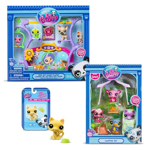 Bandai – Littlest Pet Shop – Exklusives Set mit 2 Koffern: Camping & Pets Got Talent (5 Figuren und 9 Zubehör) + 1 zusätzliche Figur (kleine gelbe Katze), offizielles Lizenzprodukt, Minifiguren von Ponera