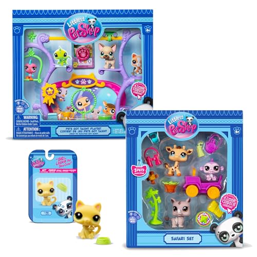 Bandai – Littlest Pet Shop – Exklusives Set mit 2 Sets Safari & Pets Got Talent (5 Figuren und 14 Zubehör) + 1 zusätzliche Figur (kleine gelbe Katze) – offizielles Lizenzprodukt – Minifiguren von Ponera