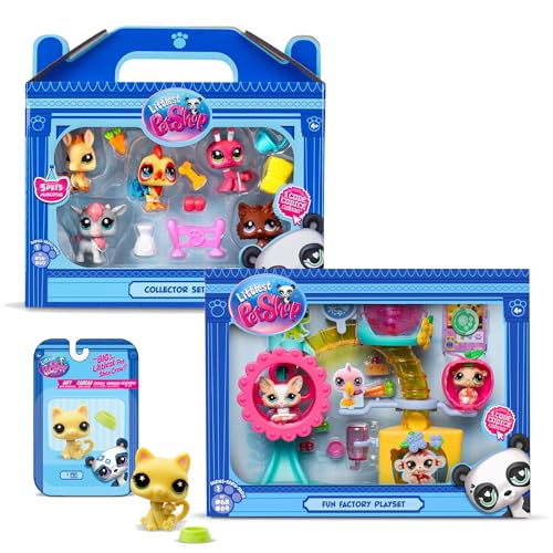 Bandai – Littlest Pet Shop – exklusives 2 Sets: Bauernhof & Fun Factory (7 Figuren und 13 Zubehör) + 1 zusätzliche Figur (kleine gelbe Katze) – offizielles Lizenzprodukt – Minifiguren – Spielzeug von Ponera