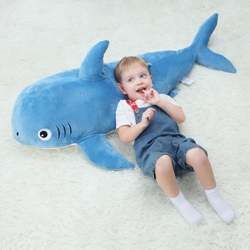 Ponjauk 100cm Große Gefüllte Hai Plüschtier, Große Hai Kuscheltier Spielzeug XXL Körper Kissen Gewichtet Tiere Haie Kuschelig Weihnachten Geburtstag Geschenke für Kinder von Ponjauk