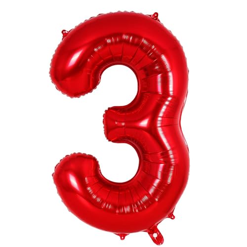 Ponmoo 40 Zoll Foil Luftballon Zahl 3 Rot (101cm), Aufblasbares Helium oder Luft, Riesige Folienballons Nummer 0-9, Große Ballons für Hochzeitstag und Geburtstagsparty Ballon Dekoration von Ponmoo