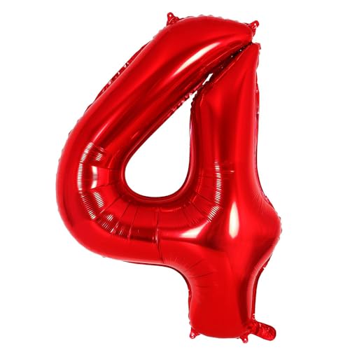 Ponmoo 40 Zoll Foil Luftballon Zahl 4 Rot (101cm), Aufblasbares Helium oder Luft, Riesige Folienballons Nummer 0-9, Große Ballons für Hochzeitstag und Geburtstagsparty Ballon Dekoration von Ponmoo