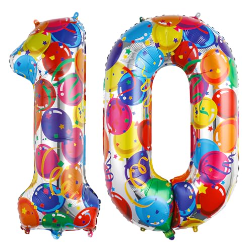 Ponmoo 40 Zoll Foil Luftballon Zahlen 10 Mehrfarbig (101cm), Aufblasbares Helium oder Luft, Riesige Folienballons Nummer 0-100, Große Ballones für Hochzeitstag und Geburtstag Party Dekoration von Ponmoo