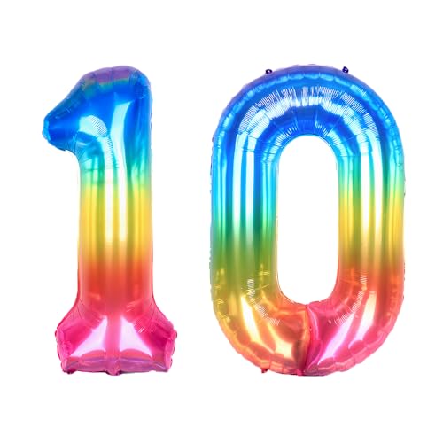 Ponmoo 40 Zoll Foil Luftballon Zahlen 10 Neon Regenbogen (101cm), Helium oder Luft, Riesige Folienballons Nummer 0-100, Große Ballons für Hochzeitstag und Geburtstagsparty Ballon Dekoration von Ponmoo