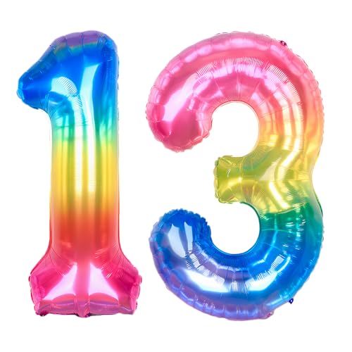 Ponmoo 40 Zoll Foil Luftballon Zahlen 13/31 Neon Regenbogen (101cm), Helium oder Luft, Riesige Folienballons Nummer 0-100, Große Ballons für Hochzeitstag und Geburtstagsparty Ballon Dekoration von Ponmoo
