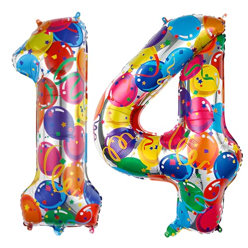 Ponmoo 40 Zoll Foil Luftballon Zahlen 14/41 Mehrfarbig (101cm), Aufblasbares Helium oder Luft, Riesige Folienballons Nummer 0-100, Große Ballones für Hochzeitstag und Geburtstag Party Dekoration von Ponmoo