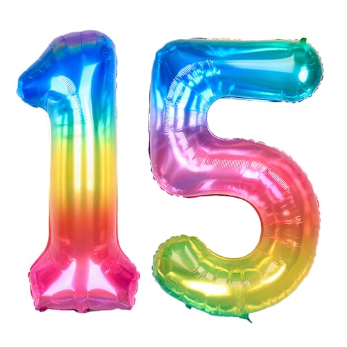Ponmoo 40 Zoll Foil Luftballon Zahlen 15/51 Neon Regenbogen (101cm), Helium oder Luft, Riesige Folienballons Nummer 0-100, Große Ballons für Hochzeitstag und Geburtstagsparty Ballon Dekoration von Ponmoo