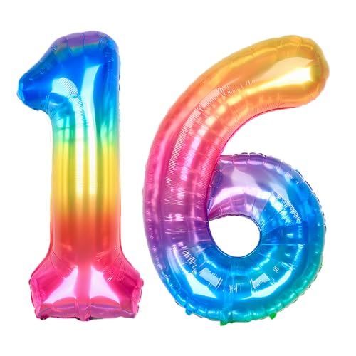 Ponmoo 40 Zoll Foil Luftballon Zahlen 16/61 Neon Regenbogen (101cm), Helium oder Luft, Riesige Folienballons Nummer 0-100, Große Ballons für Hochzeitstag und Geburtstagsparty Ballon Dekoration von Ponmoo